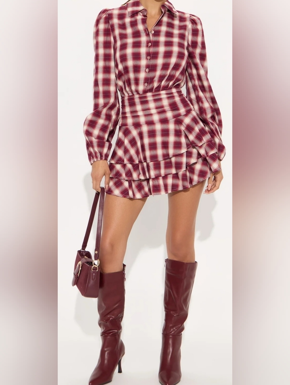 Plaid Ruffle Dress in Burgundy and Cream